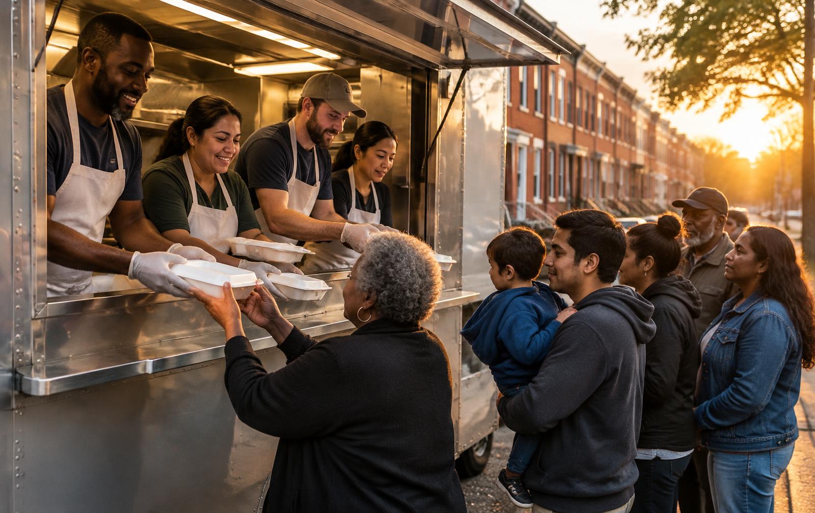Volunteers serving hot meals from a community food truck to neighbors on a residential street